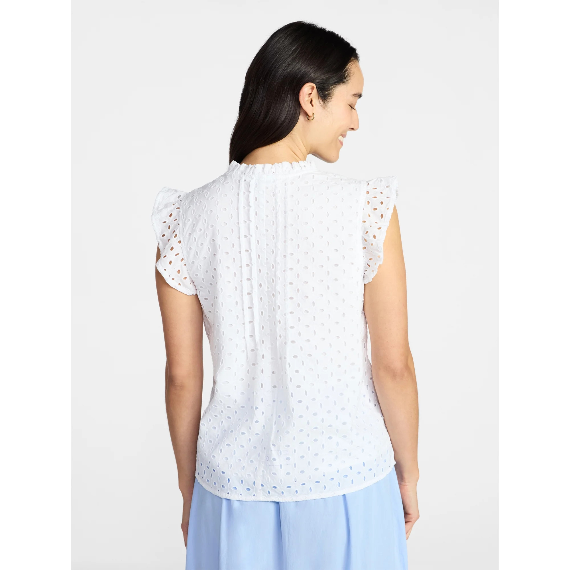 Time and Tru Women's Cotton Eyelet Top with Short Flutter Sleeves, Sizes XS-XXXL | Walmart (US)