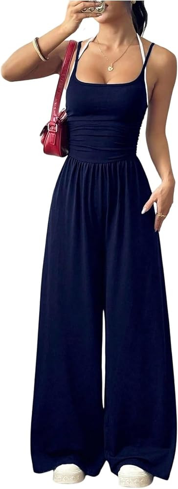Floerns Women's Summer Jumpsuit Romper Spaghetti Strap Wide Leg Baggy Pants | Amazon (US)