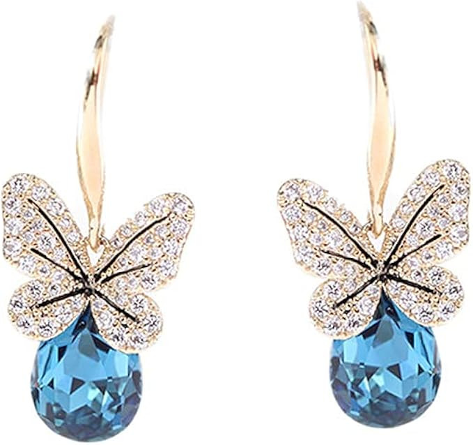 Dainty Butterfly Dangle Hook Earrings Sparkling Teardrop Blue Crystal Rhinestone Purple CZ Drop H... | Amazon (US)