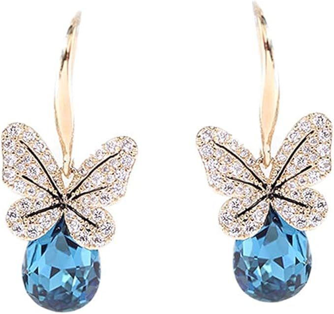 Dainty Butterfly Dangle Hook Earrings Sparkling Teardrop Blue Crystal Rhinestone Purple CZ Drop H... | Amazon (US)