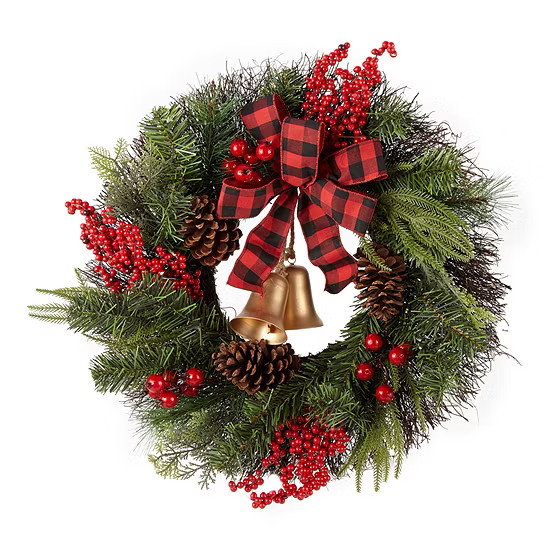 North Pole Trading Co. Buffalo Check Sleigh Bells Indoor Christmas Wreath | JCPenney