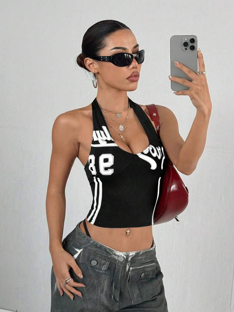 StreetHx Streetwear Women's Fashion Color Block 98 Letter Print Deep V-Neck Halter Top | SHEIN