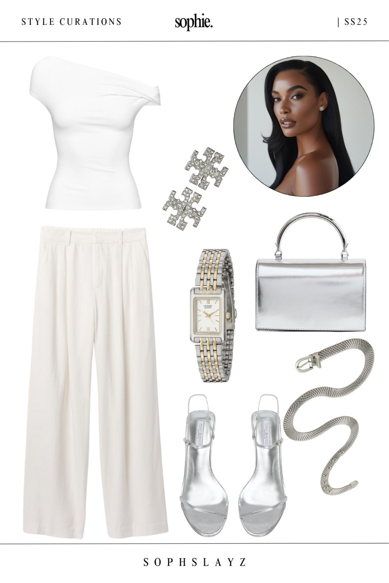 From my SS25 summer capsule wardrobe collection, this look pairs a fitted off-shoulder white top with white linen pants, silver stiletto sandals, and a chrome mini handbag. Finished with a two-tone classic watch and a statement metallic belt.
Wear this to: chic garden parties, rooftop cocktails, or gallery nights.

#LTKStyleTip #LTKSummerEdit #LTKOver40