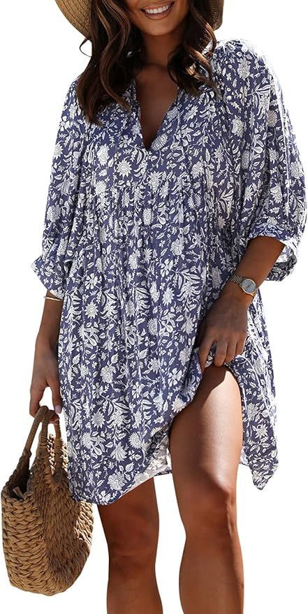 miduo Womens Casual V Neck Summer Half Sleeve Bohemian Floral Mini Tunic Short Dresses | Amazon (US)