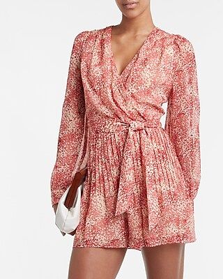 Printed Pleated Wrap Front Romper | Express