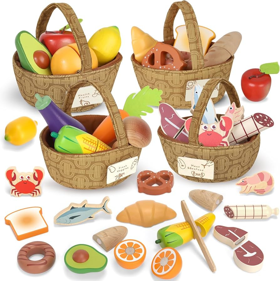 Lehoo Castle Wooden Play Food for Toddlers, Pretend Play Kitchen Accessories, 4 Food Groups, Mont... | Amazon (US)