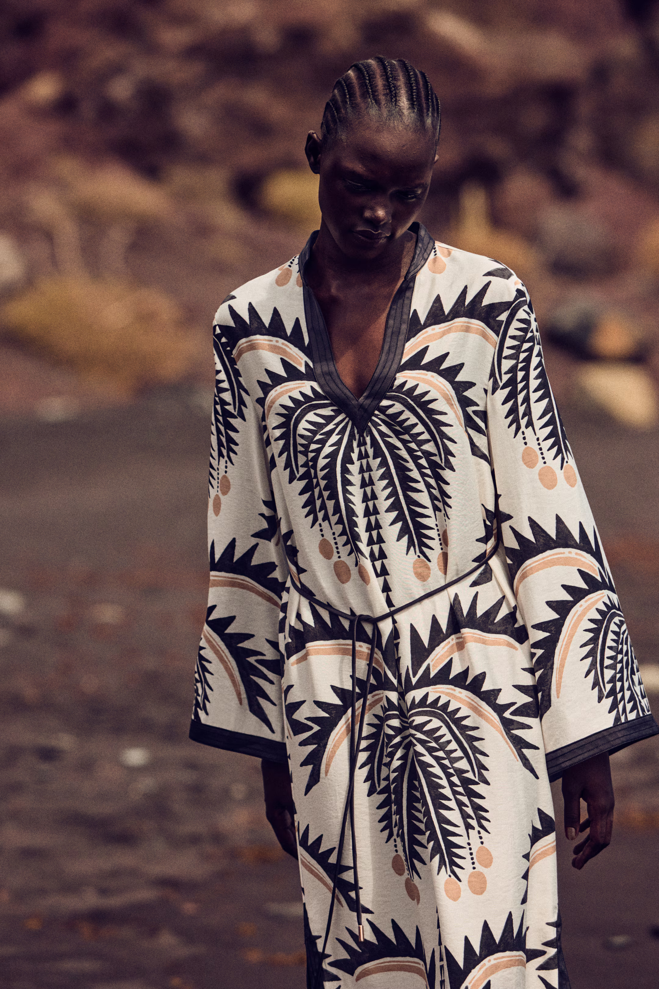 Tie-Belt Tunic Dress - White/palm trees - Ladies | H&M US | H&M (US + CA)