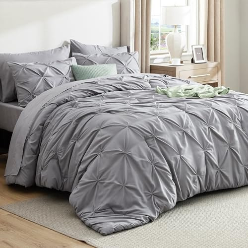Bedsure King Size Comforter Set - Bedding Sets King 7 Pieces, Pintuck Bed in a Bag Grey Bed Set with Comforter, Sheets, Pillowcases & Shams | Amazon (US)