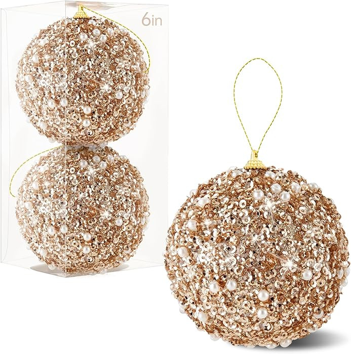 2 Pcs 6 Inch Christmas Ball Ornaments Glitter Sequin Ball Large Champagne Christmas Tree Decorati... | Amazon (US)