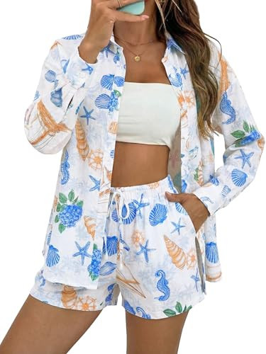 Chicyoo Women Lounge Set Fall Outfits Long Sleeve Button Up Shirts Two Piece Resort Wear & Swimsuit Cover Up in Nautical Style Blue | Amazon (US)