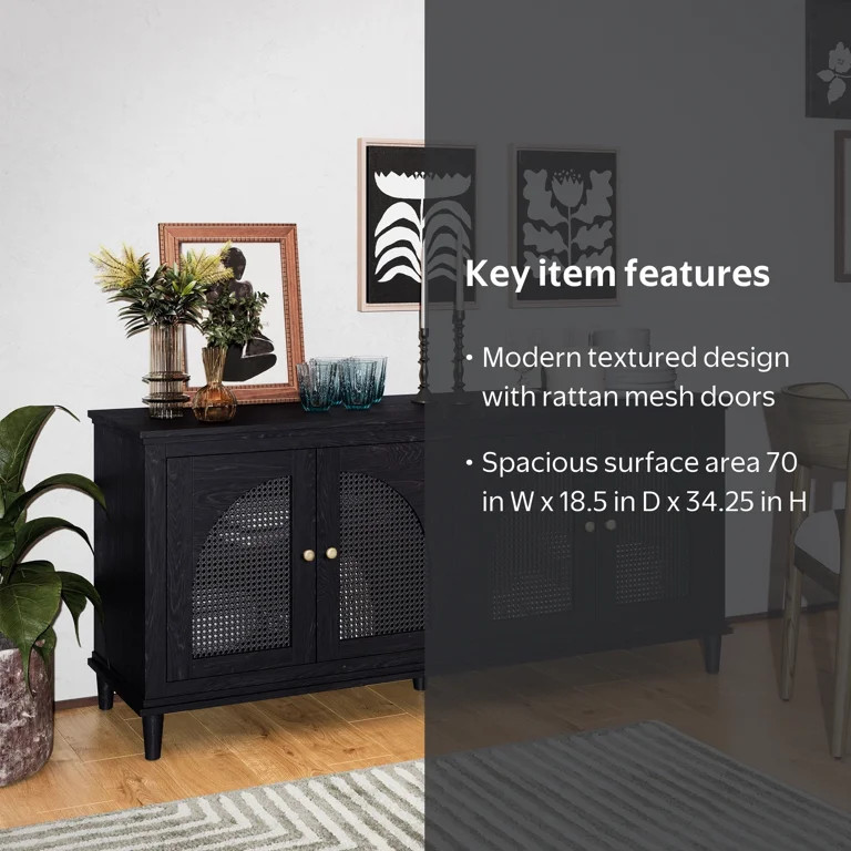 Beautiful by Drew Barrymore Drew 4-Door Rattan Buffet Sideboard, 2 Adjustable Shelves, Black Fini... | Walmart (US)