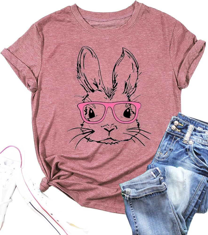 Funny Bunny Print T Shirt for Women Cute Grapic Leopard Shirts Family Blouse Gifts Easter Tops Te... | Amazon (US)