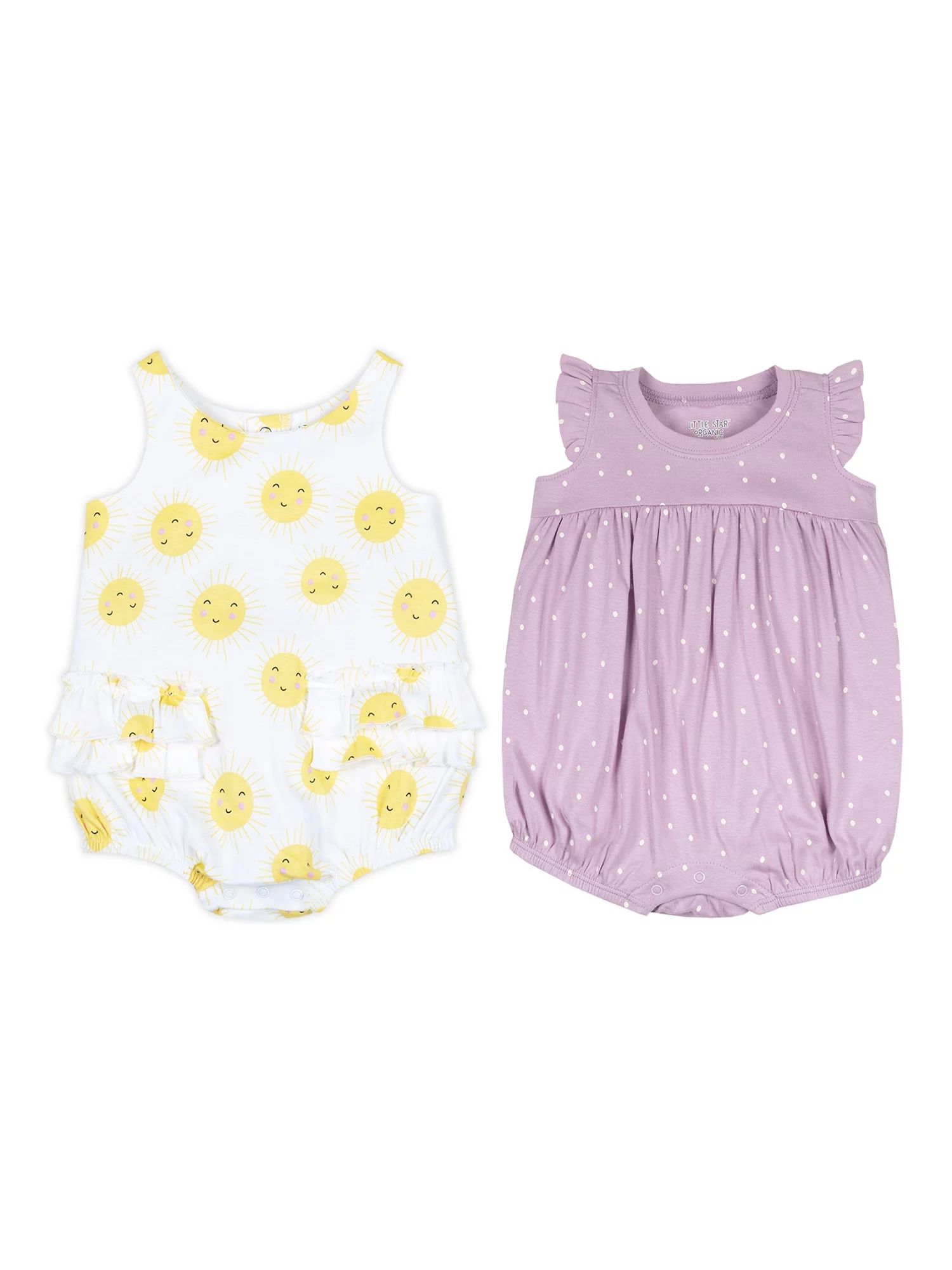 Little Star Organic Baby Girl 2 Pk Sleeveless Bubble Rompers, Size Newborn - 24 Months | Walmart (US)