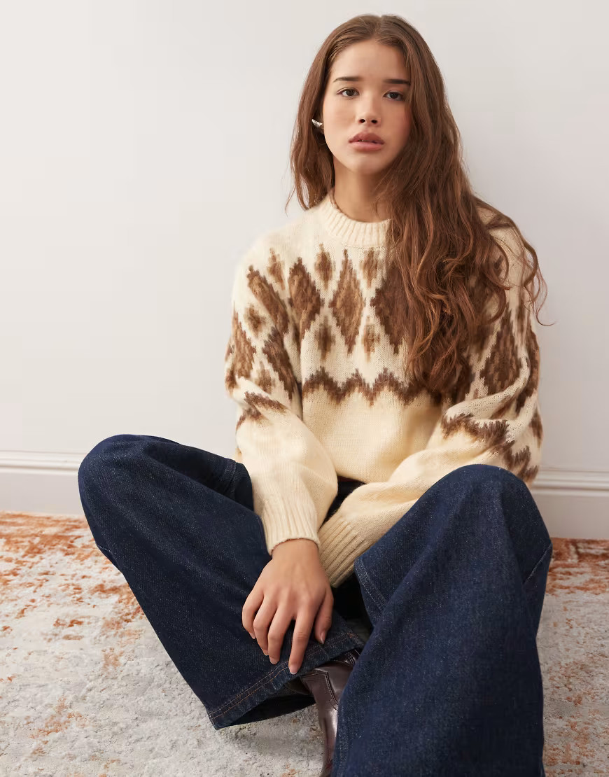 Reclaimed Vintage crew neck knitted jumper in cream fairisle pattern-White | ASOS (Global)