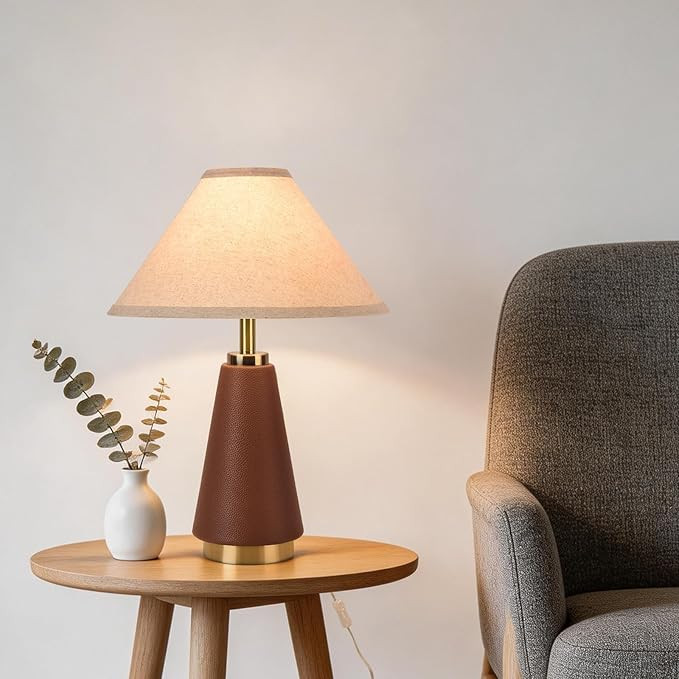18.11 Inch Brown Table Lamp, Farmhouse Table Lamps with Beige Fabric Shade, PU Leather for Kitche... | Amazon (US)
