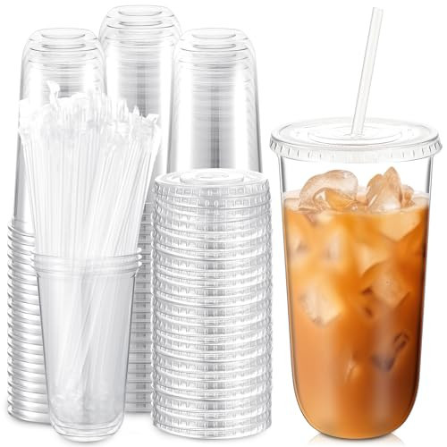 Ziliny 100 Sets Clear Plastic Cups with Lids and Straws, Disposable Iced Coffee Cups for Drinking, Cold Drinks, Juice, Smoothie, Pet Cup for Coffee Shops, Party, Christmas(20 oz) | Amazon (US)