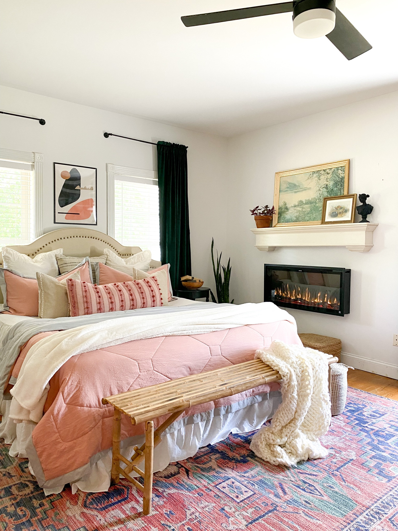 Amazon bedding, velvet blackout curtains, upholstered bed from Walmart, bamboo bench, 
Loloi rugs area rug
Jute ottoman from Overstock 
Matte black ceiling fan amazon 

#LTKunder100 #LTKhome #LTKsalealert