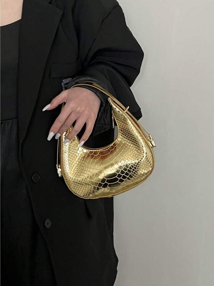 Mini Hobo Bag Metallic Snakeskin Embossed , Funky, Punk & Bag For Street Wear | SHEIN