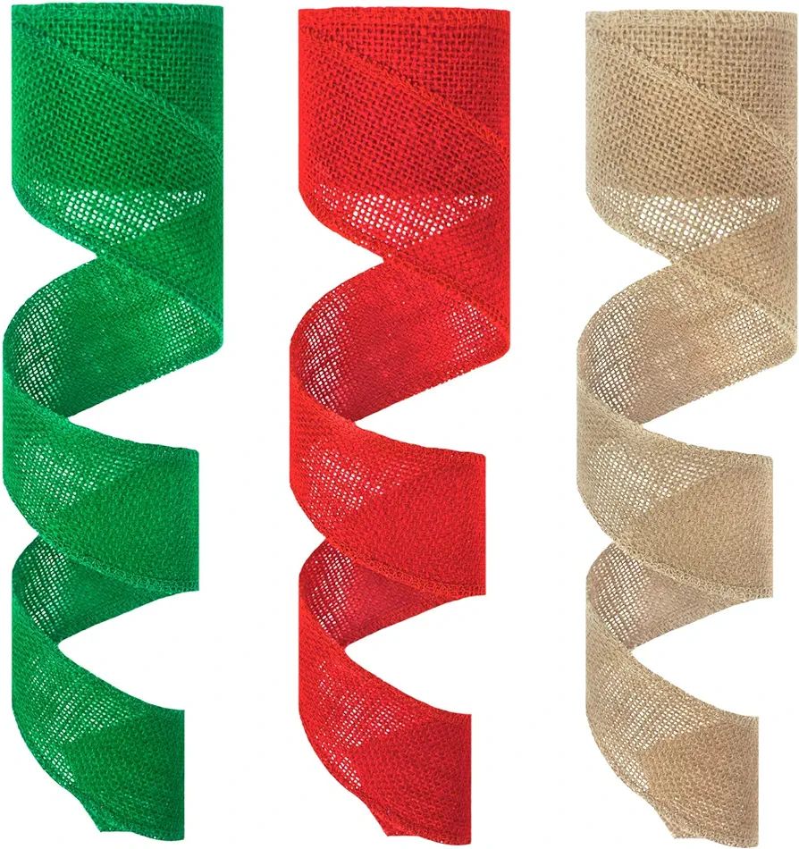 Korlon 3 Rolls Christmas Ribbon Wired, Vintage Christmas Tree Ribbon for Gift Wrapping, Burlap Ri... | Amazon (US)