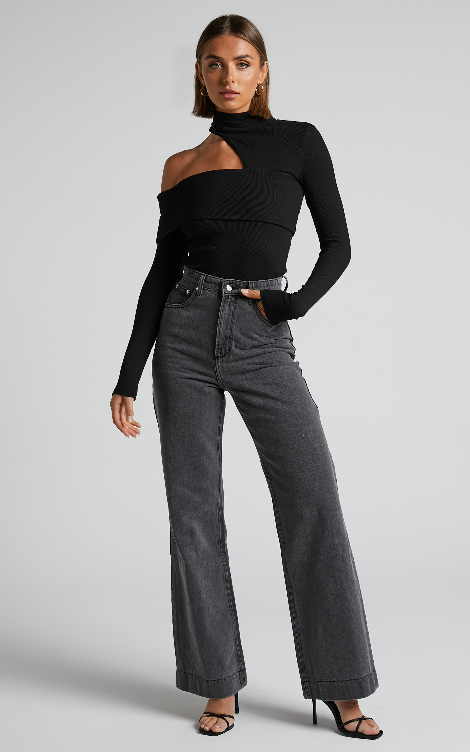 Emman Jeans - High Waisted Recycled Cotton Wide Leg Jeans in Washed Black | Showpo (ANZ)