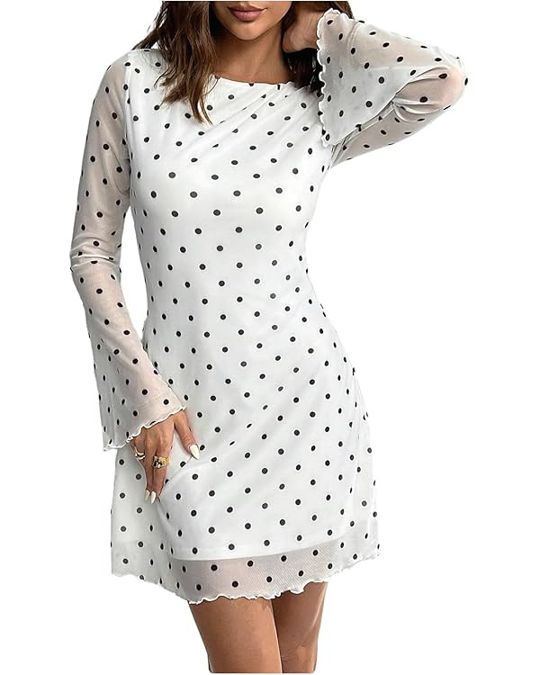 Milumia Women's Polka Dots Long Bell Sleeve Mesh Mini Dress Y2K Party Club A Line Short Dresses | Amazon (US)