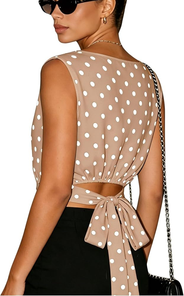 Omoone Women's Polka Dot Sleeveless Boat Neck Crop Top Tie Back Bow Blouse Summer Casual Shirt | Amazon (US)