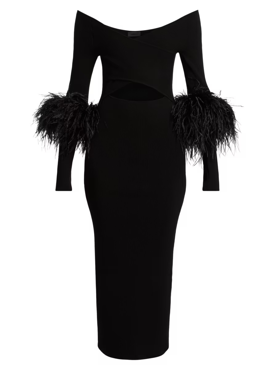 Feather-Cuff Fitted Cut-Out Midi-Dress | Saks Fifth Avenue