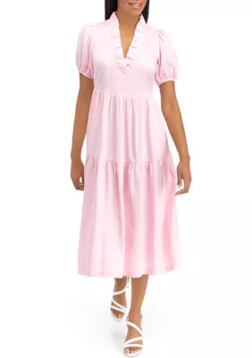Crown & Ivy™ Women's Puff Sleeve Ruffled V-Neck Midi Dress | Belk