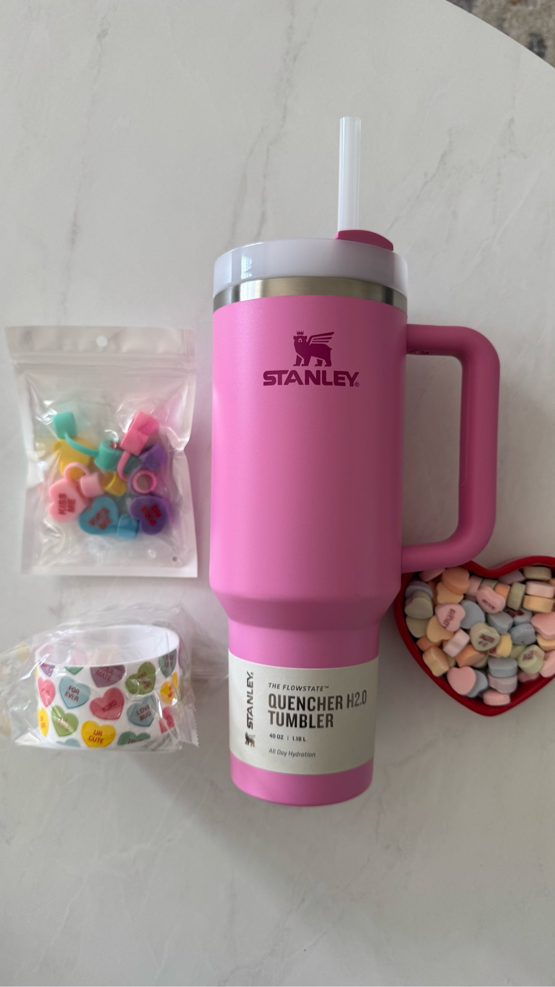 Galentine’s Day gift idea, white elephant gift, Stanley cup, straw topper, cup boot, pink, conversation hearts, Valentine’s Day

#LTKOver40 #LTKValentine #LTKHome