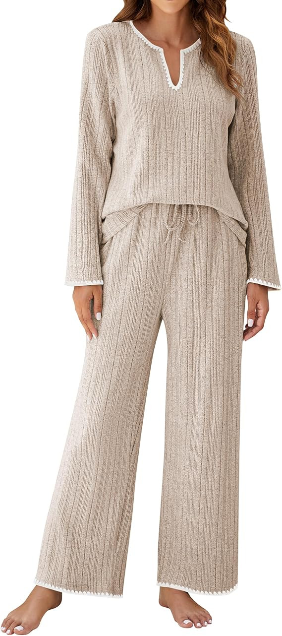 Blooming Jelly Womens 2 Piece Pajama Sets Fall Ribbed Color Block Lounge Set Fleece Long Sleeve P... | Amazon (US)