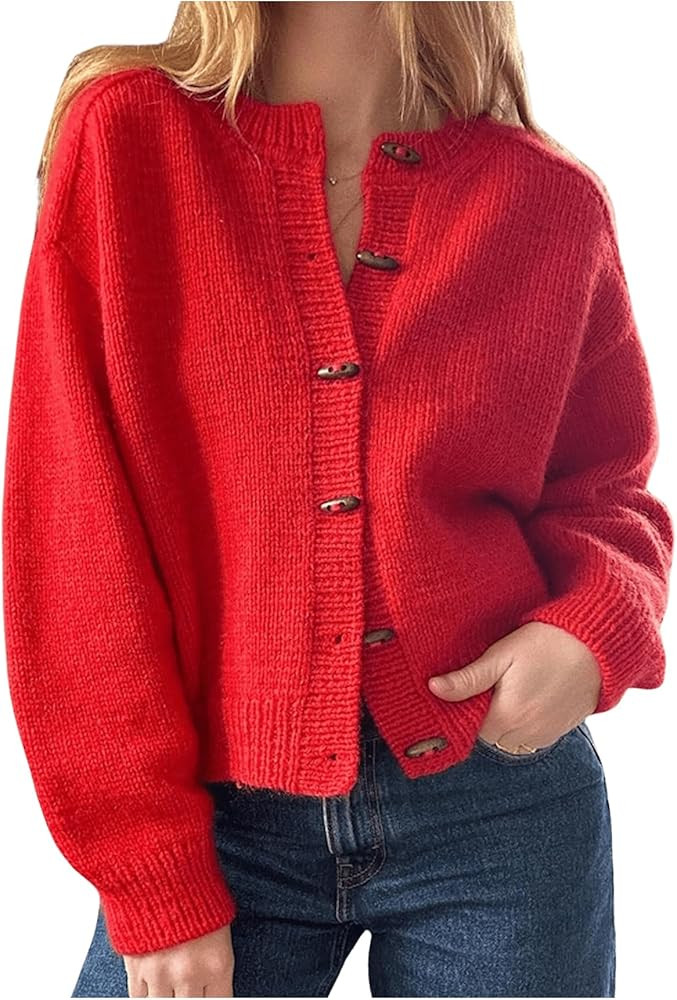 GORGLITTER Women's Winter Sweater Cropped Button Up Cardigan Sweaters Long Sleeve Knit Tops | Amazon (US)