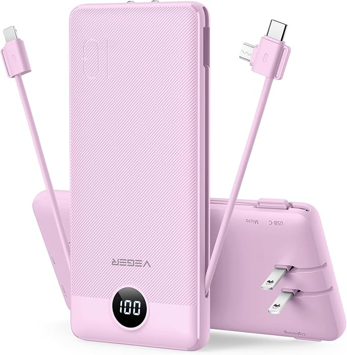 VEGER Portable Charger Power Bank with Built-in AC Plug and Cables, All in One 10000mAh Ultra Sli... | Amazon (US)