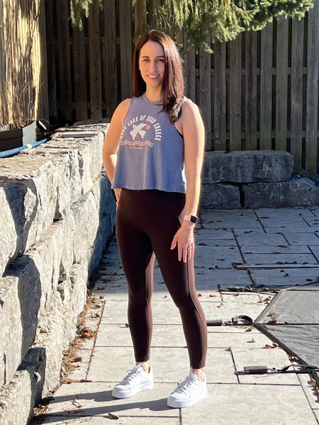 Love the message on this tank!  I am wearing size medium in the tank 💙 These shoes are super comfortable and these must be the best priced leather sneakers out there - I love the platform too 🤍🤍 These leggings in espresso are a great alternative to black 🙌🤎

#LTKfindsunder50 #LTKfindsunder100

#LTKcanada #LTKstyletip #LTKfitness