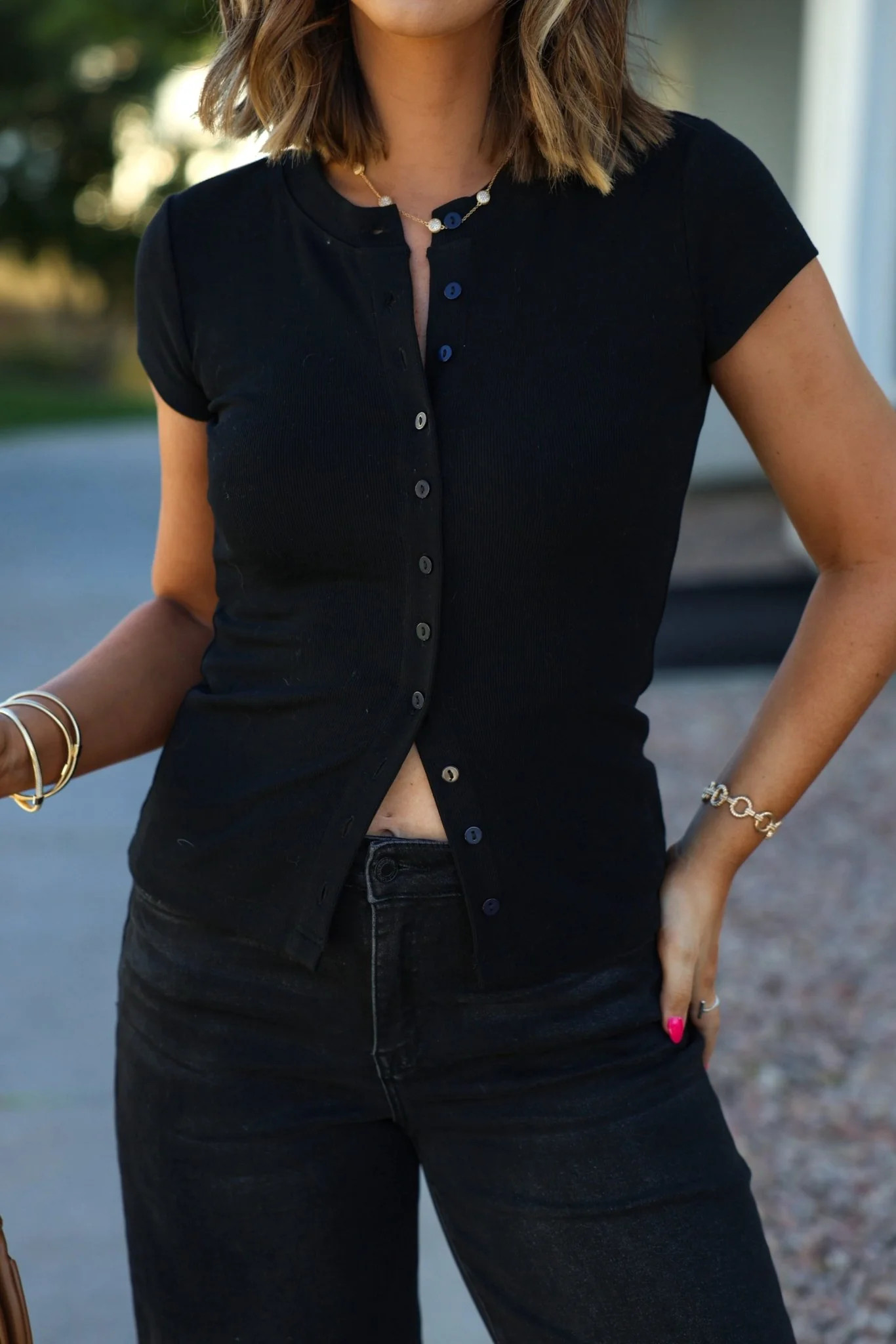 Black Button Front Short Sleeve Sweater | Magnolia Boutique