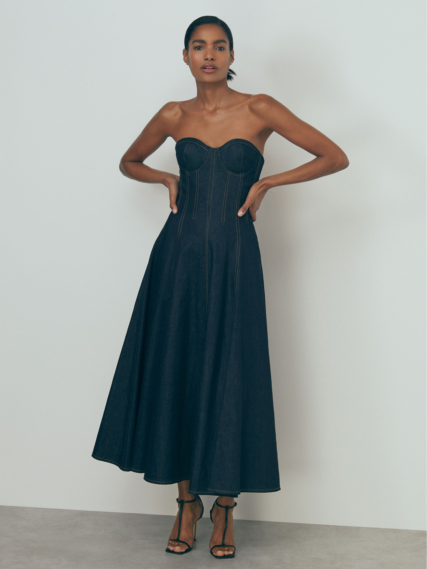 Reiss Strapless Structured Denim Midi Dress in Indigo Blue | REISS | Reiss US