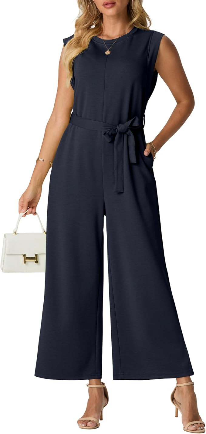 Lepunuo Jumpsuits for Women Dressy Casual Crewneck One Piece Overalls Wide Leg Jumpers Wrinkle-Fr... | Amazon (US)