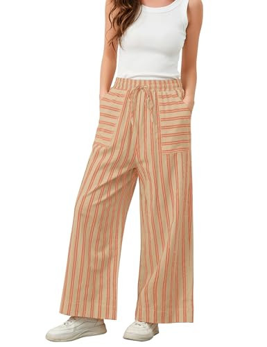 Ymejia Womens Wide Leg Striped Pants Loose Fit Drawstring Comfy High Waist Striped Lounge Pants with Pockets Red White | Amazon (US)