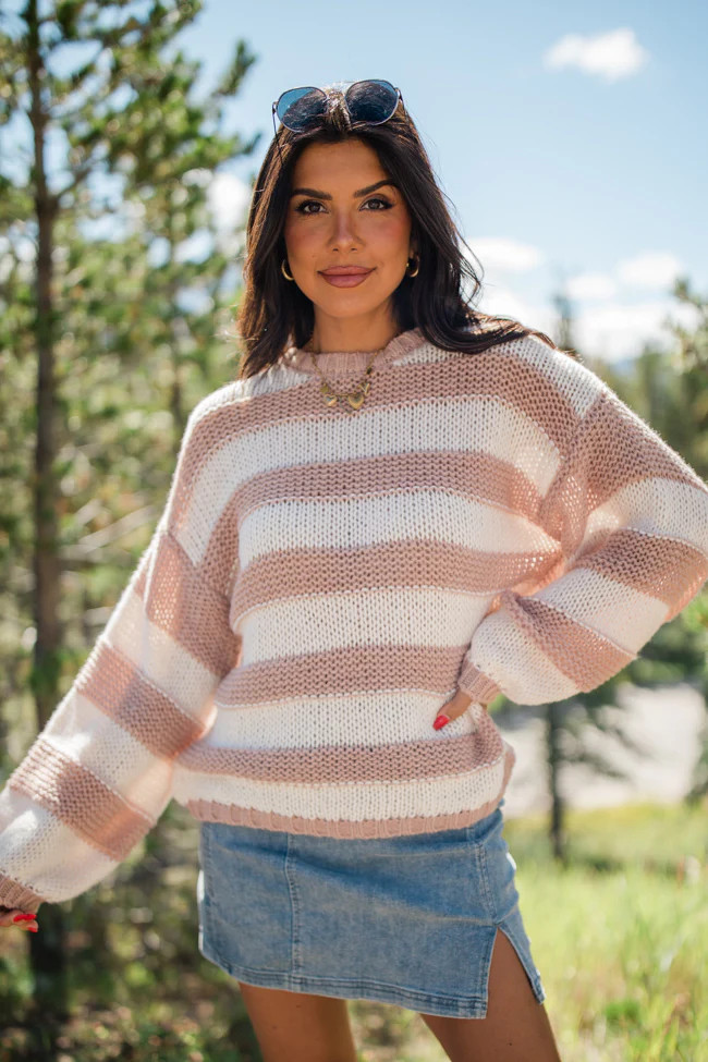 I Always Believe Cream and Tan Textured Stripe Sweater | Pink Lily