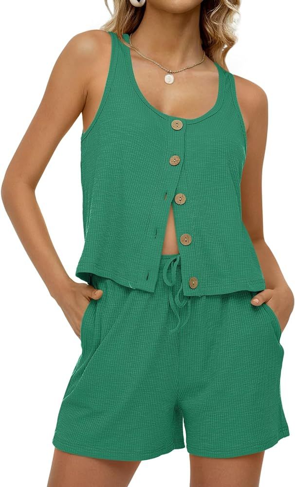 DEEP SELF Womens Ribbed Knit Pajama Sets Button Front Tank Top and Shorts Lounge Sets Casual Loun... | Amazon (US)
