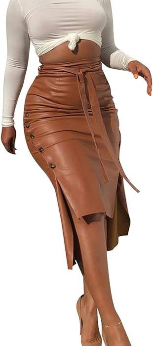 Amazon.com: Womens High Waisted Belted Leather Pencil Skirt Side Button Split Faux Leather Work M... | Amazon (US)