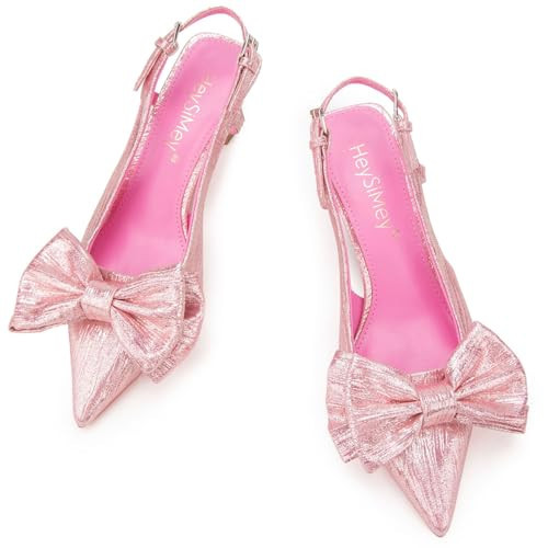 Women's Bow Slingback Pumps Pointed Toe Kitten Heels with Ankle Strap Closed Heeled Sandal Bride Wedding Dress Party Shoes（L1 Pink 8.5） | Amazon (US)