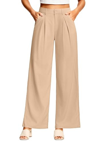 ISEEGZ 31'' Women's Linen Pants Wide Leg Work Dressy Pants Casual Slacks Business Trousers for Women with Pockets Khaki | Amazon (US)