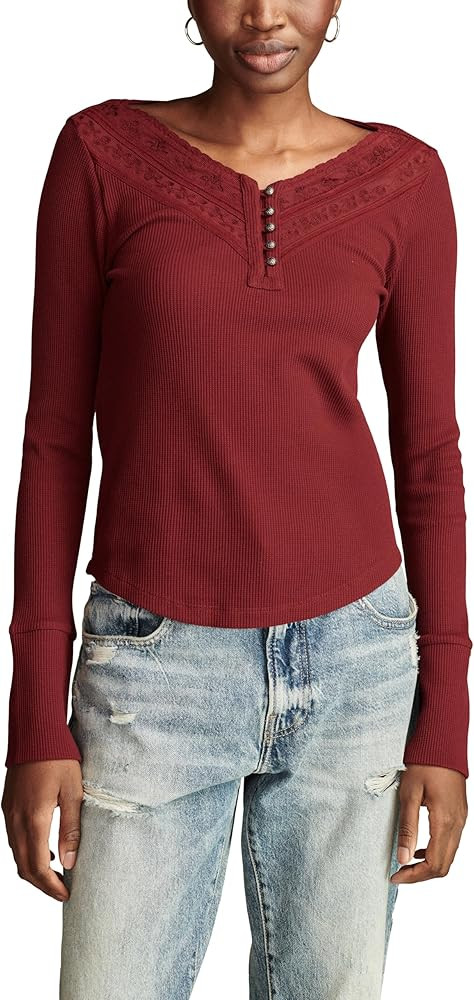 Lucky Brand Women's Embroidered Mesh Yoke Henley | Amazon (US)