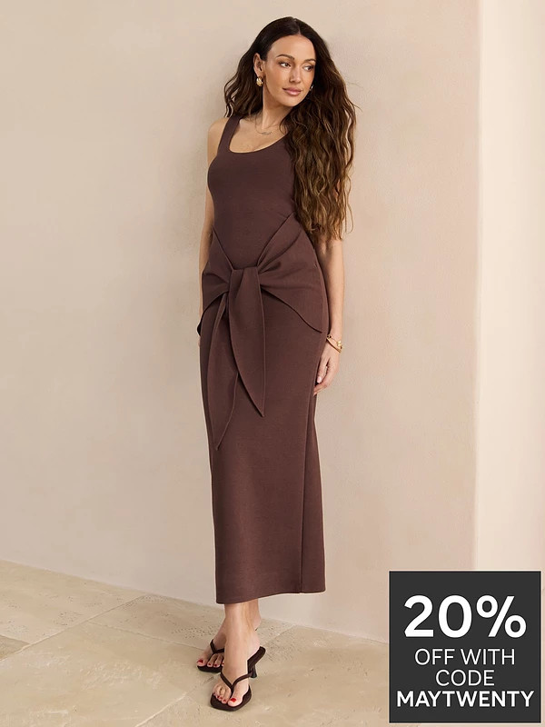 Michelle Keegan Tie Detail Midaxi Dress - Brown | Very (UK)