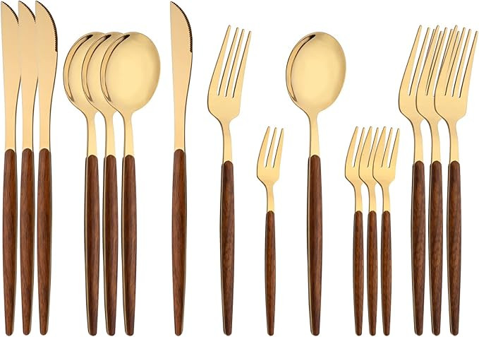 Uniturcky 16-Piece Silverware Set with Cake Fork, Gold Stainless Steel Flatware Cutlery Set, Eati... | Amazon (US)