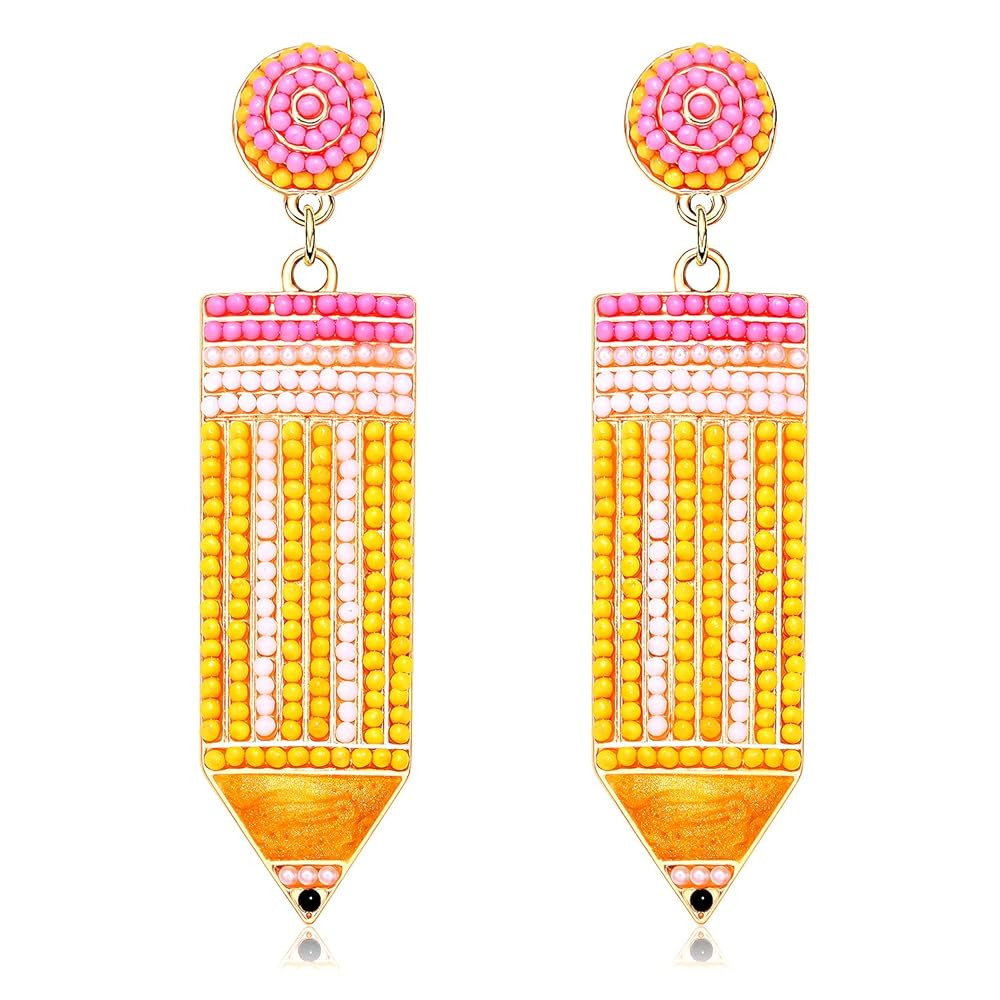 Teacher Earrings Beaded Pencil Earrings for Women Handmade Beaded Dangle Drop Earrings Back To Sc... | Amazon (US)