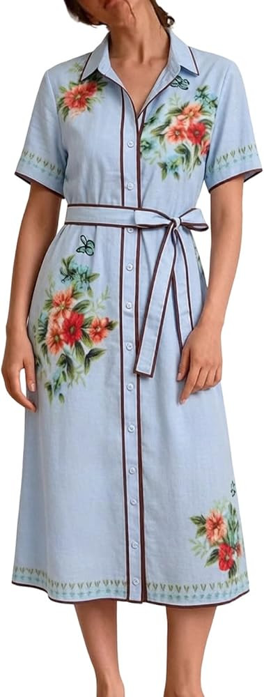 CHARTOU Women Casual Floral Button Down Shirt Dress Summer Cotton Wrap Belted Beach Long Dress wi... | Amazon (US)