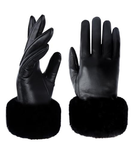 Yicorgard Women Fur Leather Gloves Winter Gloves Black Rabbit Fur Cuff Touchscreen Driving Gloves Small | Amazon (US)