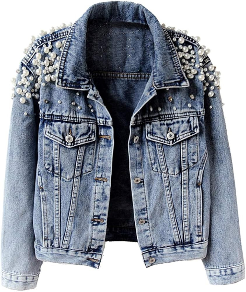 Women's Jean Jacket Embroidered Rivet Pearl Short Denim Jacket Coat | Amazon (US)
