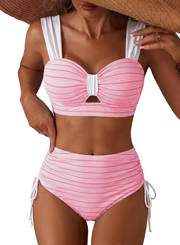 Womens High Waisted Bikini Sets Textured 2 Piece Swimsuits 2026 Summer Cutout Tie Side Bathing Su... | Amazon (US)